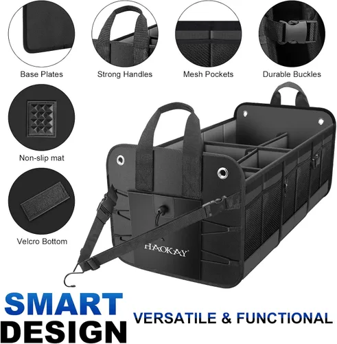 Vista 2 de HAOKAY Organizador de maletero de automóvil con tapa, resistente, extra grande, color negro, Oxford, multicompartimentos, plegable, para SUV