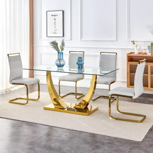 Vista 21 de Juego de mesa de comedor de 63 pulgadas para 4, juego de mesa de comedor dorado moderno para 4, juego de mesa de cocina de mármol sintético