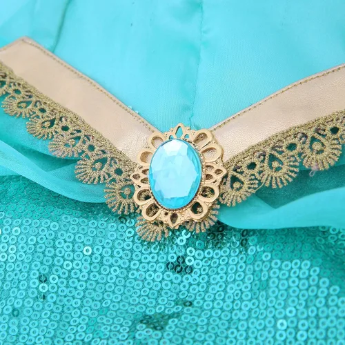 Vista 4 de Disfraz de princesa para niñas, color verde azulado y dorado