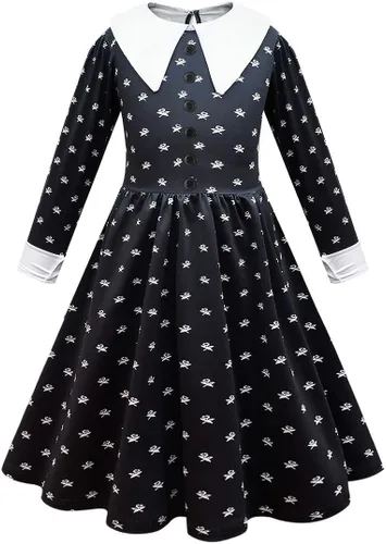 Vista 3 de Gofdsyeid Addams - Disfraces familiares para niños y niñas, disfraz de Wednesday Addams, vestido de fiesta de Halloween y cosplay