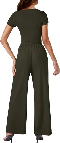 Vista 3 de BTFBM Conjunto casual de 2 piezas para mujer, con cuello cuadrado, manga corta, con cordón, pantalones de punto, a juego