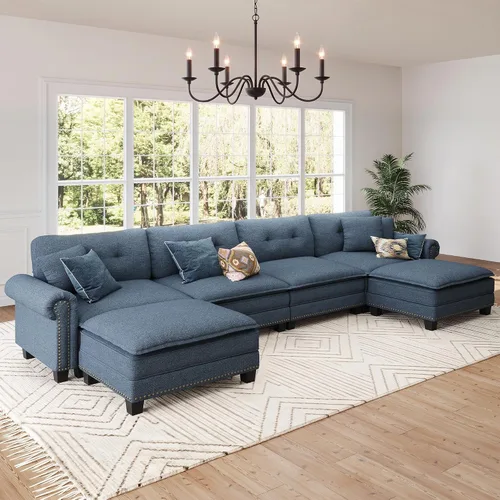 Vista 25 de Sofá modular de gran tamaño de 116 pulgadas en forma de L Azul polvoriento