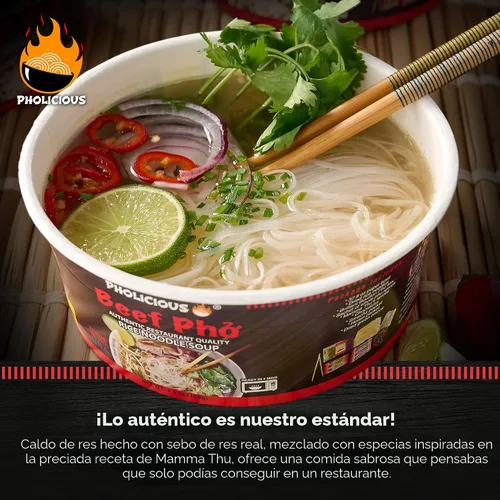 Vista 4 de PhoLicious Instant Beef Pho, auténtico kit de sopa de fideos de arroz vietnamita con mezcla de especias y caldo, alternativa de fideos ramen, comida