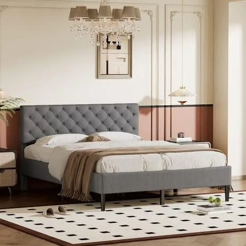 Vista 8 de Marco de cama de plataforma de tamaño individual, marco de cama tapizado de lino de diseño moderno con cabecera copetuda, cama de almacenamiento