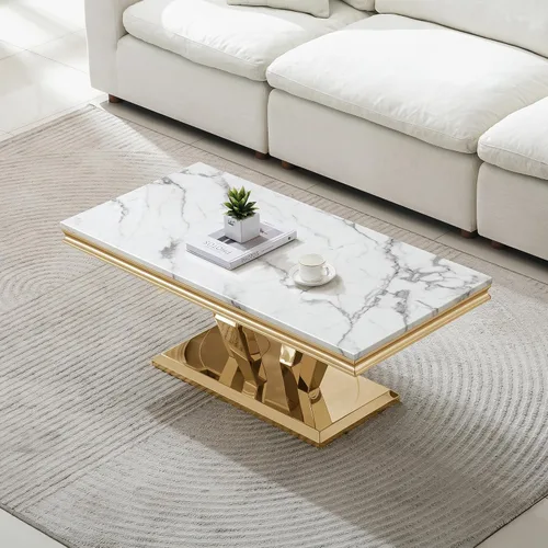Vista 4 de Mesa auxiliar de mármol de 47 pulgadas, moderna mesa central de mármol sintético blanco con base de espejo dorado en forma de diamante, mesa Blanco