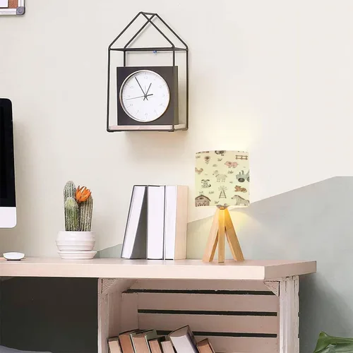 Vista 2 de Lámpara de mesa con trípode, acuarela, sin costuras, animales de granja, moderna, regulable, lámpara de escritorio, base de madera, pantalla de tela