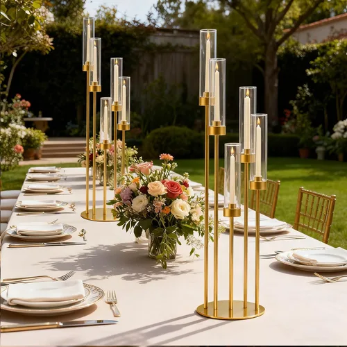 Vista 3 de Juego de 35 en 1 candelabros dorados para centros de mesa, portavelas para mesas, centros de mesa para bodas, decoraciones de mesa, pantalla