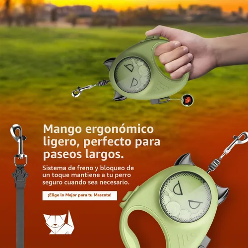 Vista 4 de Correa retráctil para perro, cinta de nailon fuerte de 13 pies, bloqueo automático, sin enredos, freno de un toque, agarre cómodo, divertido diseño