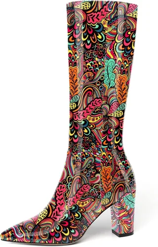 Vista 107 de AMBELIGHT Botas altas hasta la rodilla con cremallera y puntera puntiaguda para mujer, de patente sólida, tacón alto, 3.3 pulgadas