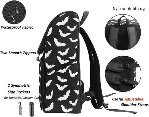 Vista 4 de Naanle Elegante diseño de murciélagos de Halloween, mochila grande para libros de escuela, mochila impermeable para computadora, mochila de viaje