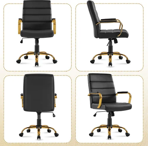 Vista 9 de Topeakmart Silla de escritorio de oficina Silla ejecutiva de cuero sintético ajustable con marco dorado asiento negro