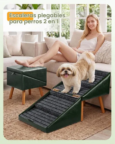 Vista 2 de Escaleras plegables para perros pequeños y otomana de piel sintética Verde oliva