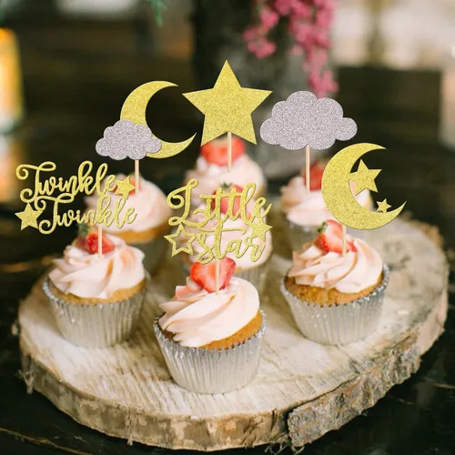 Vista 5 de Rsstarxi Paquete de 36 adornos para cupcakes con purpurina de luna, nubes y nubes, para baby shower, cumpleaños, boda, fiesta, suministros de Diseño