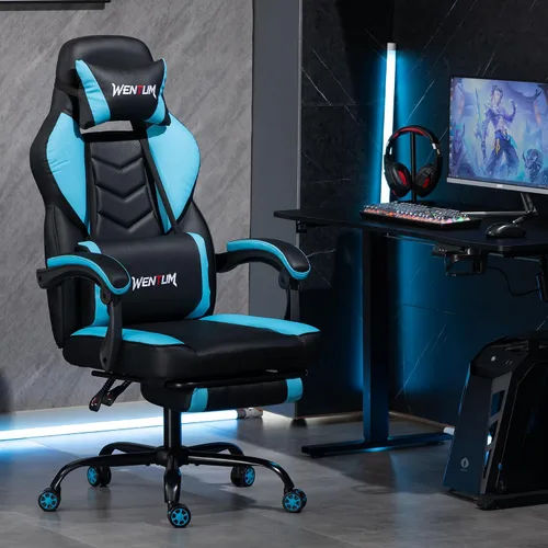 Vista 2 de Ergonomic Gaming Chair,Massage & Footrest,350lb Capacity,Breathable PU,Blue Multi-Function Desk Chair 2-Point Vibration Lumbar Support Height