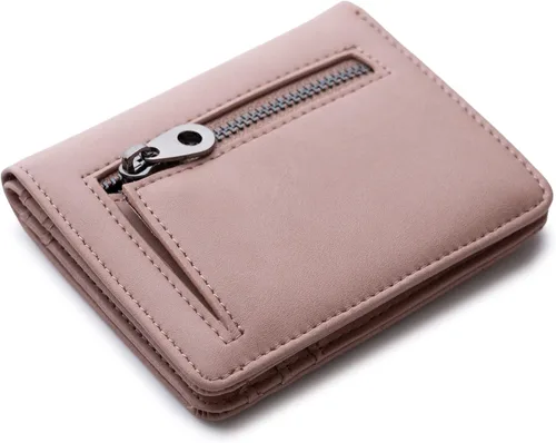 Vista 3 de Alldaily Pequeña cartera RFID para mujer, delgada, compacta, plegable, con bolsillo, mini monedero de viaje para mujer, Rosa oscuro, Compacto