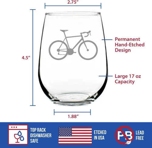 Vista 4 de Custom Bicycle Personalized Stemless Wine Glass - Unique Road Biking Themed Decor and Gifts for Cyclists - Large 17 Oz Glasses - Customized Wine