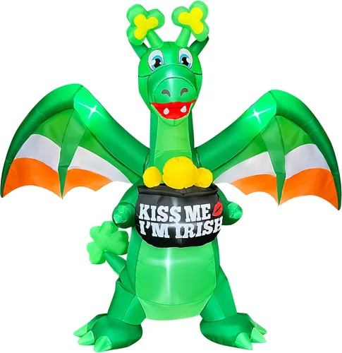 Vista 4 de SEASONBLOW Dragón inflable del día de San Patricio de 7 pies que sostiene una maceta de decoración dorada con cuerno de trébol irlandés LED inflable