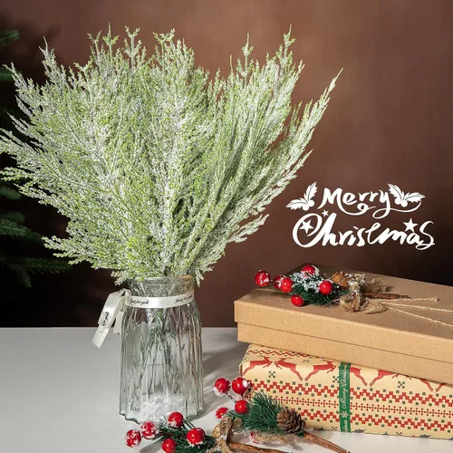 Vista 4 de Alpurple 30 piezas de ramas de pino artificiales con nieve y escarcha de Navidad - 34.3 cm de agujas de pino artificiales con nieve, ramitas - ramas