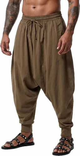 Vista 10 de perdontoo Pantalones harén para hombre, ajuste holgado, cintura elástica, cordón ajustable, pantalones hippie Aladdin beige
