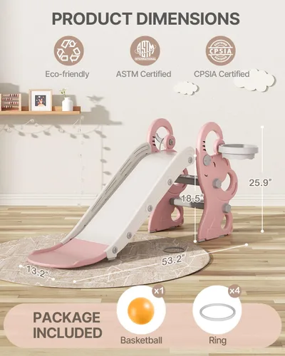 Vista 7 de Babytronic Tobogán para niños pequeños, juego de interiores y exteriores con aro de baloncesto y juego de anillos, tobogán plegable de plástico