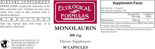 Vista 2 de Ecological Formulas Monolaurina 300 mg 180 Cápsulas (90 Cápsulas x 2 Botellas)
