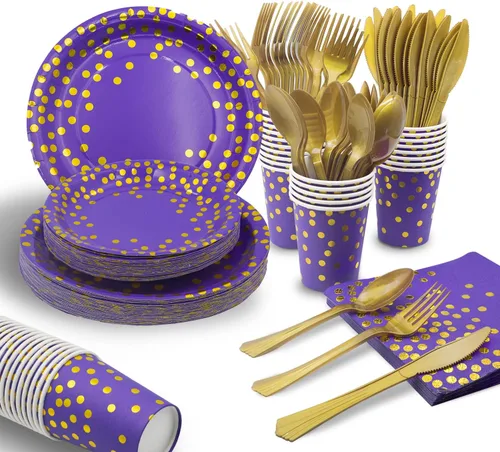 Vista 7 de AIRE 175 piezas Vajilla de papel negra y dorada para 25 invitados, suministros desechables para fiestas, vajilla con puntos dorados en platos