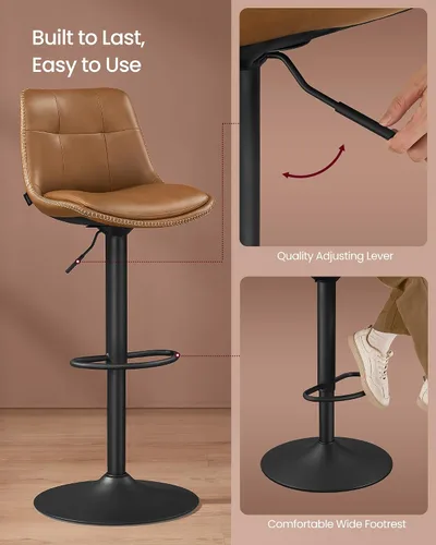 Vista 8 de VASAGLE Taburetes de bar, juego de 2 sillas de bar giratorias, altura ajustable, acolchado, taburetes de cocina de cuero sintético con respaldo