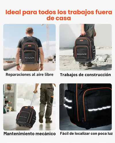 Vista 6 de VEVOR Mochila para herramientas rodantes, capacidad de carga de 110 libras, 45 bolsillos, bolsa de herramientas resistente sobre ruedas, mango