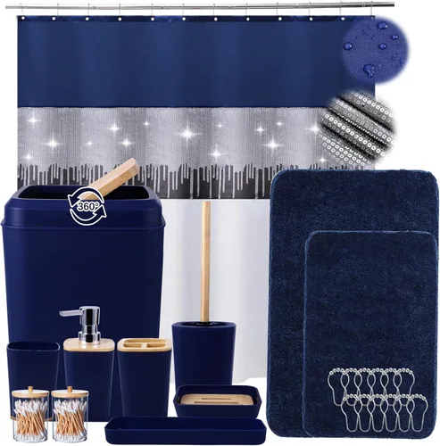Vista 32 de Juego de accesorios de baño rosa con cortina de ducha y alfombras con purpurina, juegos de baño con alfombras de baño extrasuaves y absorbentes