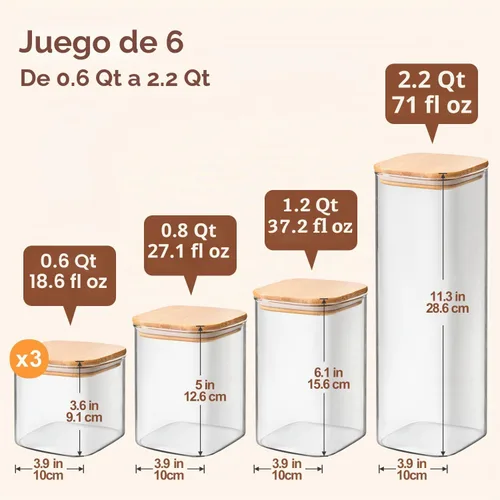 Vista 2 de ComSaf Recipientes de almacenamiento de alimentos con tapas herméticas, juego de 6, recipiente de vidrio transparente con tapa de sellado