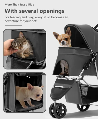 Vista 4 de OS MOTOR - Carriola para mascotas con 3 ruedas para mascotas pequeñas/medianas, portavasos plegable y portátil para perro gato cachorro gatito