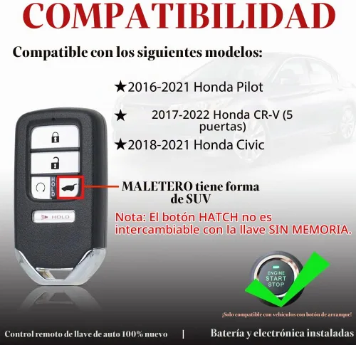 Vista 2 de MechanMagic - Funda de llave de repuesto para control remoto de Honda Civic 2018-2021/CR-V 2017-2022/Pilot 2016-2021 KR5V2X(V44) Smart Proximity