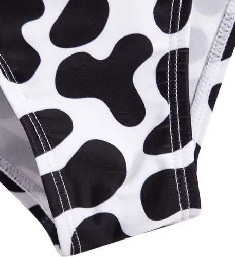 Vista 4 de WDIRARA Traje de baño de 2 piezas con estampado de vaca para niña, cuello redondo, lindo traje de baño