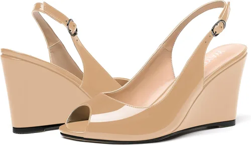 Vista 6 de WAYDERNS Sandalias de cuña de tacón alto con hebilla para mujer, con puntera abierta, puntera abierta, de moda, color sólido, correa ajustable
