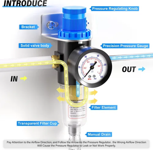 Vista 4 de TAILONZ PNEUMATIC Kit de regulador de presión de filtro de aire NPT AFR2000 de 1/4 pulgadas (0 a 145 psi) Filtro compresor de herramienta de aire