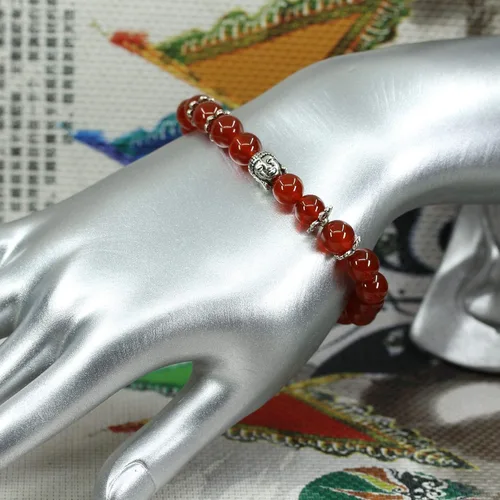 Vista 3 de Natural Gemstone with 925 Sterling Silver Buddha Head Gemstone 8mm Round Beads Stretch Bracelet 7 Inch