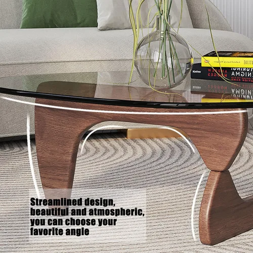Vista 5 de Mesa de café triangular en nogal con base sólida de madera moderna de mediados de siglo y mesa de café de vidrio transparente triangular para sala