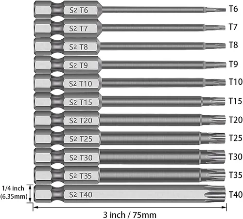 Vista 2 de 11PCS Torx Cabeza Destornillador Broca 1/4 pulgada Hex Shank S2 Acero 2.953 in Longitud Magnética Seguridad Destornillador Set T6-T40 Estrella