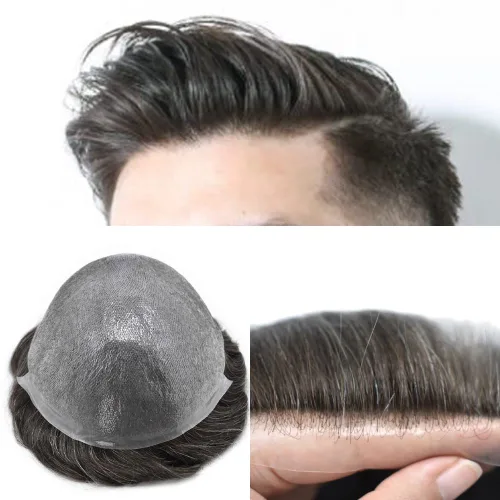 Vista 18 de Toupee - Sistema de reemplazo de cabello humano 100% europeo Remy, 0.002 in, piel ultrafina, pelo de poliuretano para hombre, línea capilar en V