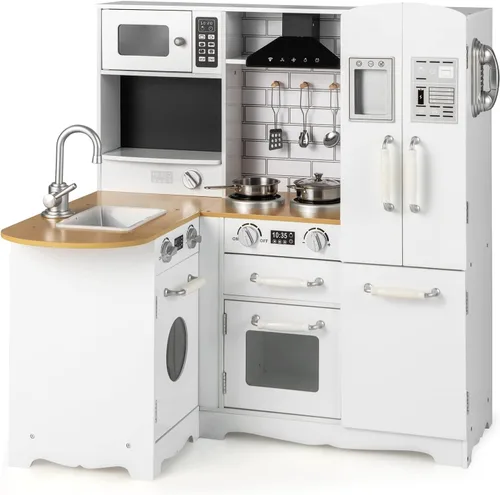 Vista 10 de Costzon Juego de cocina esquinera para niños, juego de cocina de madera 8 en 1 con microondas realista, horno, estufa, refrigerador, campana