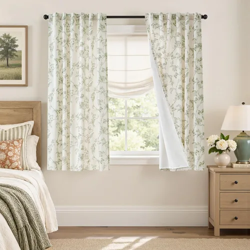 Vista 13 de Lazzzy Cortinas de lino floral verde con bolsillo para barra de granja, 50 Charlotte Verde