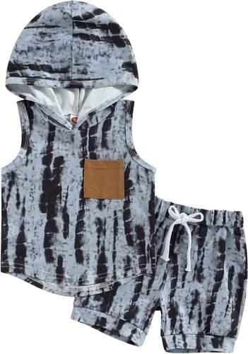 Vista 10 de Conjunto de ropa de verano para bebés y niños pequeños, a rayas, liso/teñido anudado, sin mangas, sudadera con bolsillo y pantalones cortos