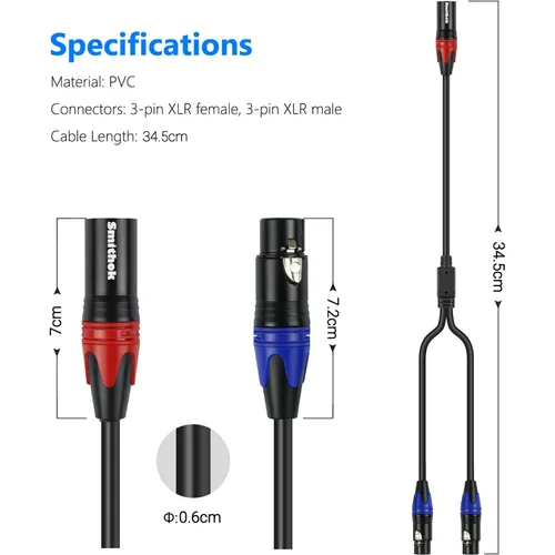 Vista 3 de Smithok Cable de micrófono divisor XLR Y de 1 macho a 2 hembras, 3 pines XLR 2 hembra a 1 macho, cable combinador Y cable de audio equilibrado