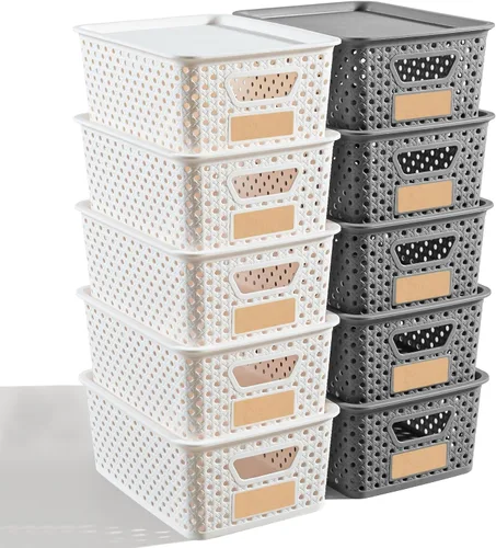 Vista 11 de Paquete de 10 cubos pequeños de plástico con tapas, cestas de almacenamiento de plástico apilables para organizar con asas, contenedores
