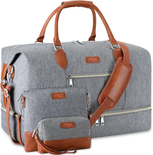 Vista 41 de Bolsa de fin de semana para mujer, bolsa de viaje de nailon, con compartimento para zapatos, tamaño grande 1-beige