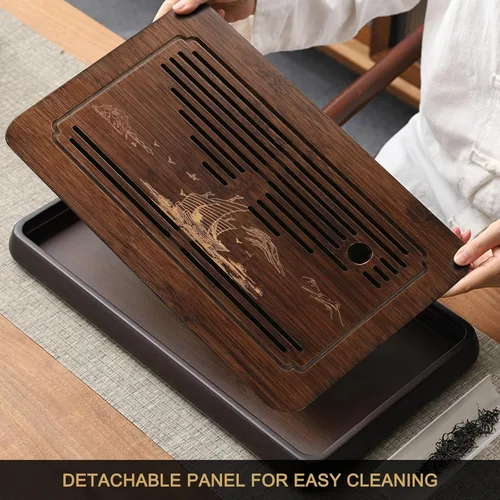 Vista 3 de Ufine Bandeja de té de gongfu de bambú de 15 pulgadas con drenaje de almacenamiento de agua Bandeja de servir de té chino Kung Fu Bandeja de mesa
