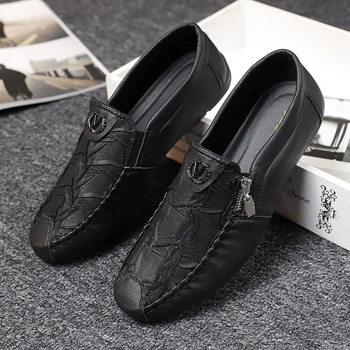 Vista 5 de Mocasines de cuero vintage con cremallera para hombre, cómodos, suela suave, zapatos náuticos, elegantes y casuales para conducir y caminar