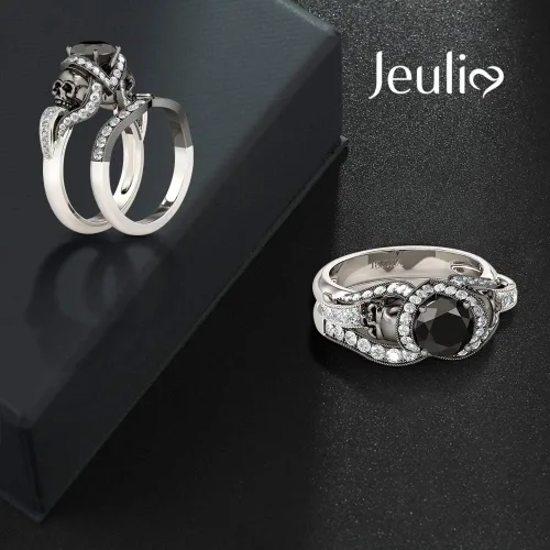Vista 5 de Jeulia Juego de anillos de boda de diamantes negros para mujeres y hombres, plata de ley 925, anillos de torsión de calavera de pesadilla antes