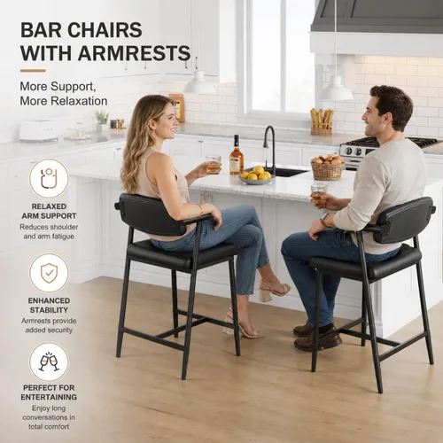 Vista 3 de IDEALHOUSE Juego de 2 taburetes de bar de altura de mostrador con brazos, taburetes de bar tapizados de 26 pulgadas con respaldo, asiento más ancho