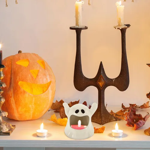 Vista 3 de DECHOUS Portavelas fantasma de Halloween: lindo candelabro votivo de cerámica fantasma, decoración de mesa, portavelas de Halloween para el hogar